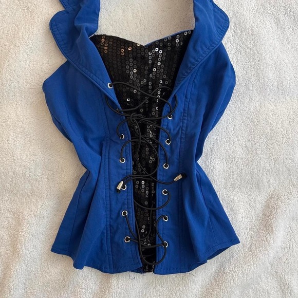 vintage Y2k fitted blue sequin blue corset halter top - Picture 3 of 4